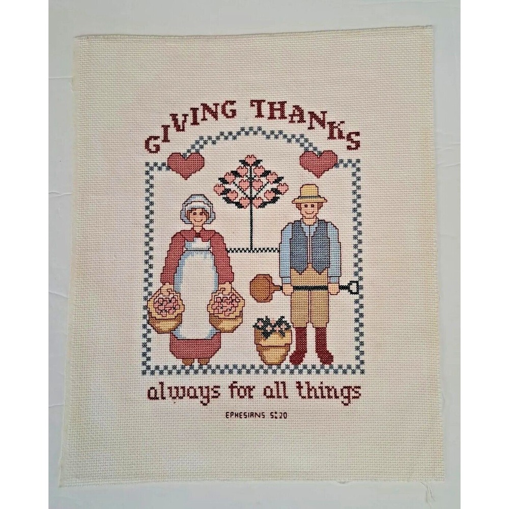Thanksgiving Completed Cross-stitch "Give‎ Thanks Always" Ready to Frame Vintage